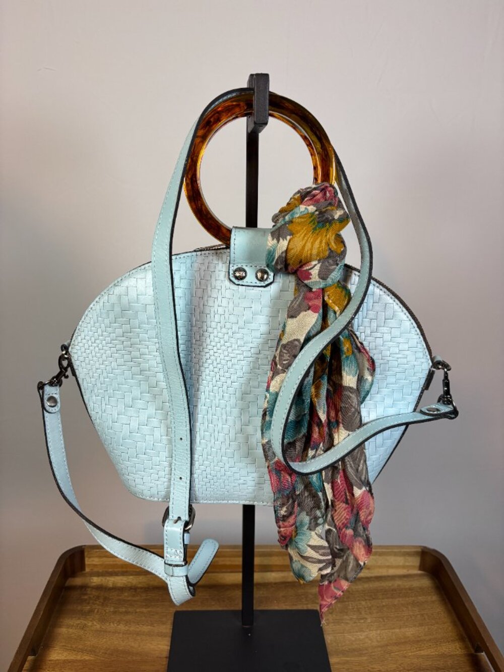 Patricia Nash Meldola Light Blue Leather Dome Satchel w/ Scarf